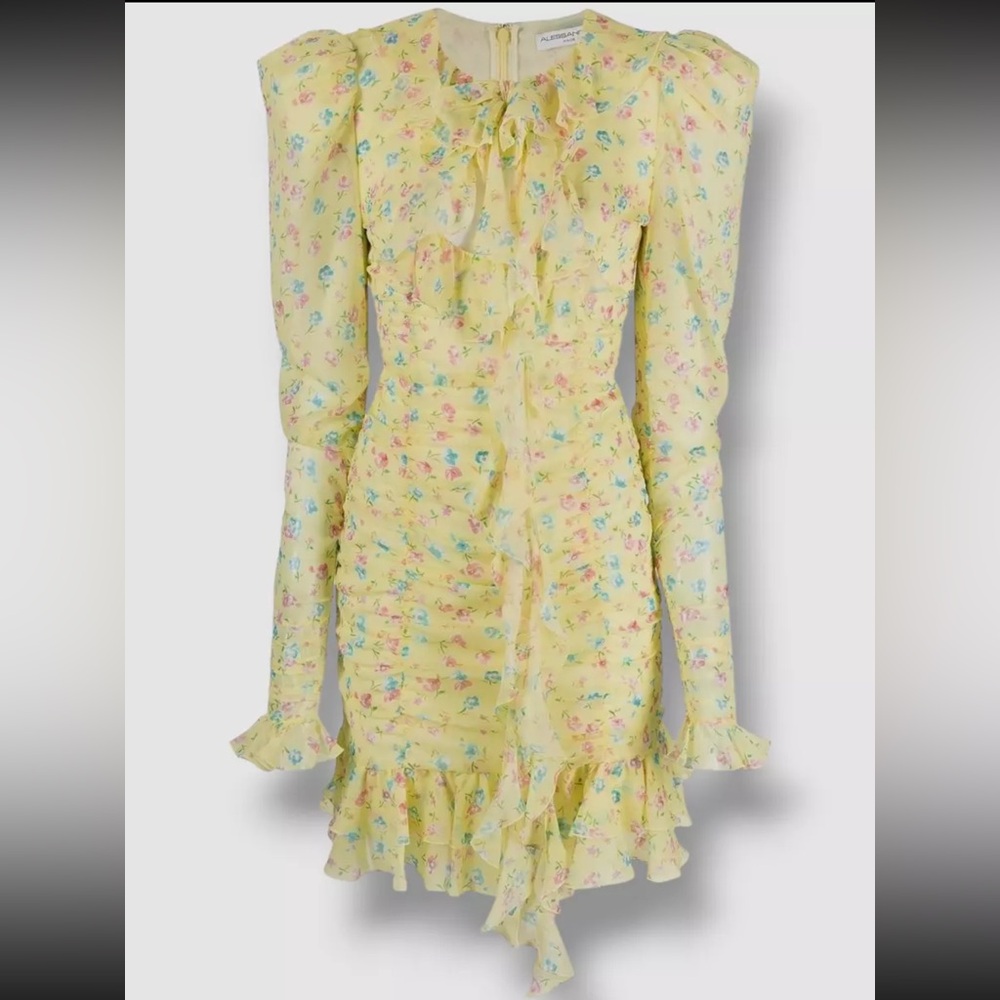 Alessandra Rich Women's Yellow Floral Silk Long Sleeved Mini Dress Size 42